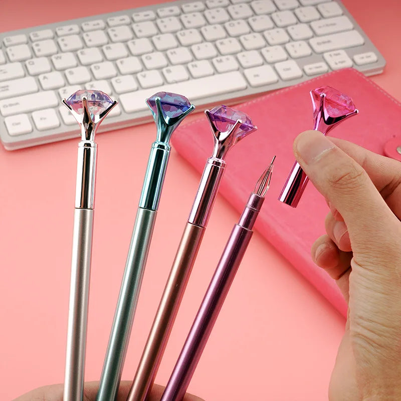 1PC Big Diamond Crystal Pen Gem Ballpoint-Pens Ring Wedding Metal Ballpen Kawaii Magical Pen Fashion School Office Supplies