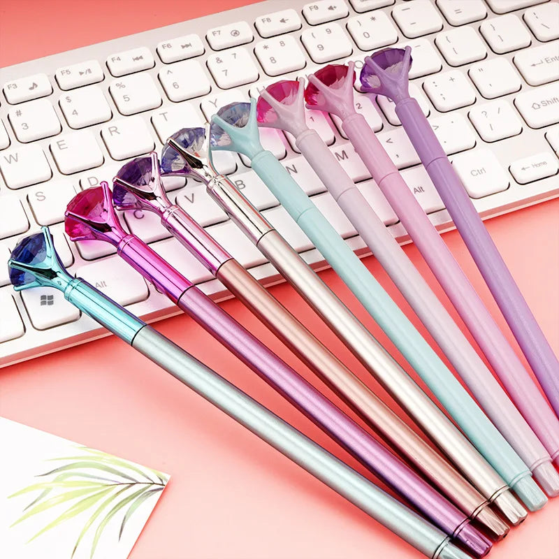 1PC Big Diamond Crystal Pen Gem Ballpoint-Pens Ring Wedding Metal Ballpen Kawaii Magical Pen Fashion School Office Supplies